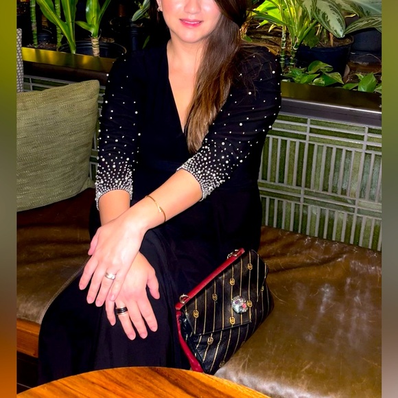 MSK Dresses & Skirts - MSK Black Midi Dress with Pearl Embellished Sleeves – Size L (Worn Once)